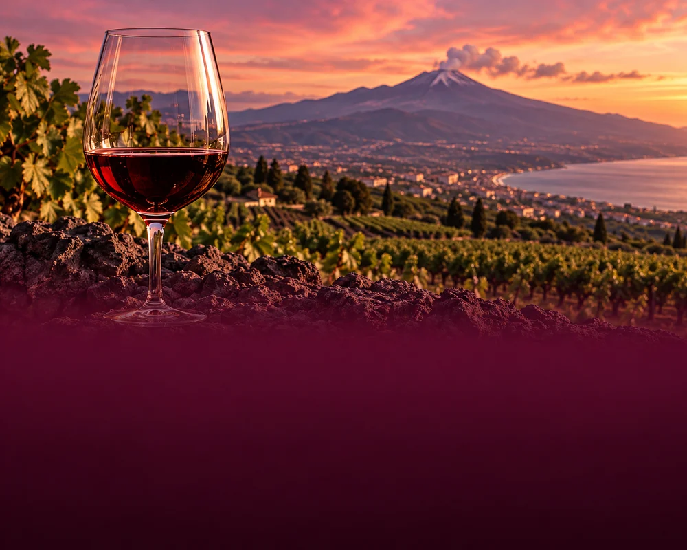 Calice di vino rosso tra i vigneti, con l’Etna al tramonto